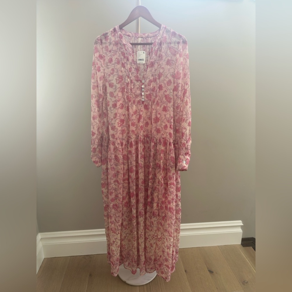 Free People “See It Through” Maxi Dress BNWT Pink Floral Boho Sheer Long Sleeve